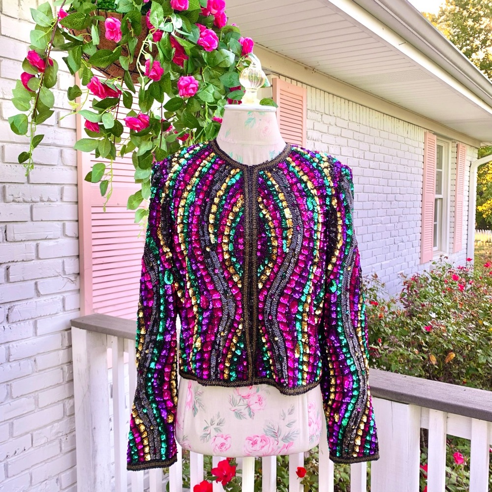 vintage 80s rainbow sequin cropped blazer